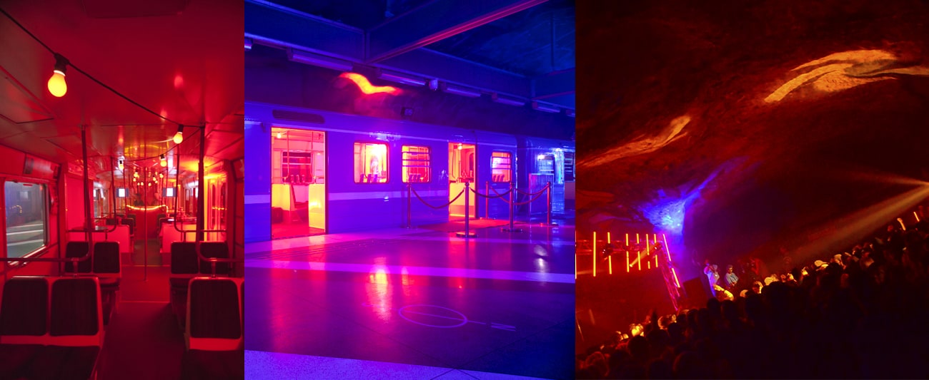 Three images of venues in red light.